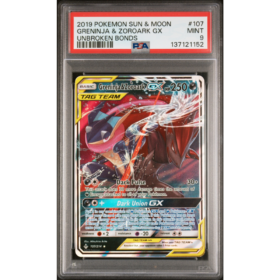 GRENINJA & ZOROARK GX #107 UNBROKEN BONDS PSA 9 - Front