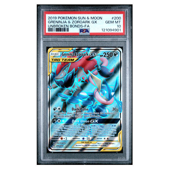 GRENINJA & ZOROARK GX #200 UNBROKEN BONDS-FA PSA 10 - Front