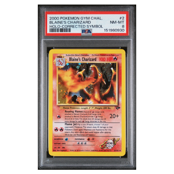 BLAINE'S CHARIZARD #2 HOLO-CORRECTED SYMBOL PSA 8 - Front