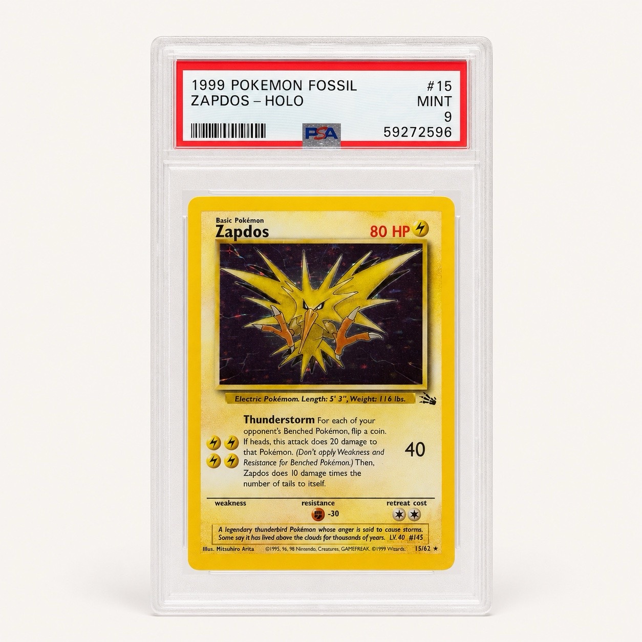 ZAPDOS-HOLO #15 FOSSIL PSA 9