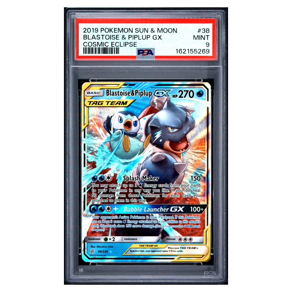 BLASTOISE & PIPLUP GX #38 COSMIC ECLIPSE PSA 9 - Front