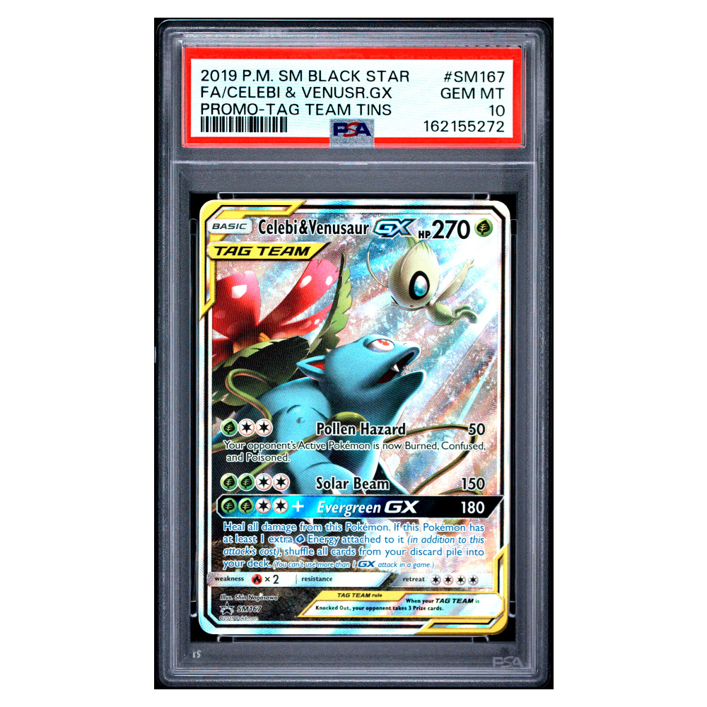 FA/CELEBI & VENUSR.GX #SM167 PROMO-TAG TEAM TINS PSA 10 - Front