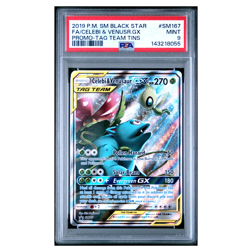 FA/CELEBI & VENUSR.GX #SM167 PROMO-TAG TEAM TINS PSA 9 - Front
